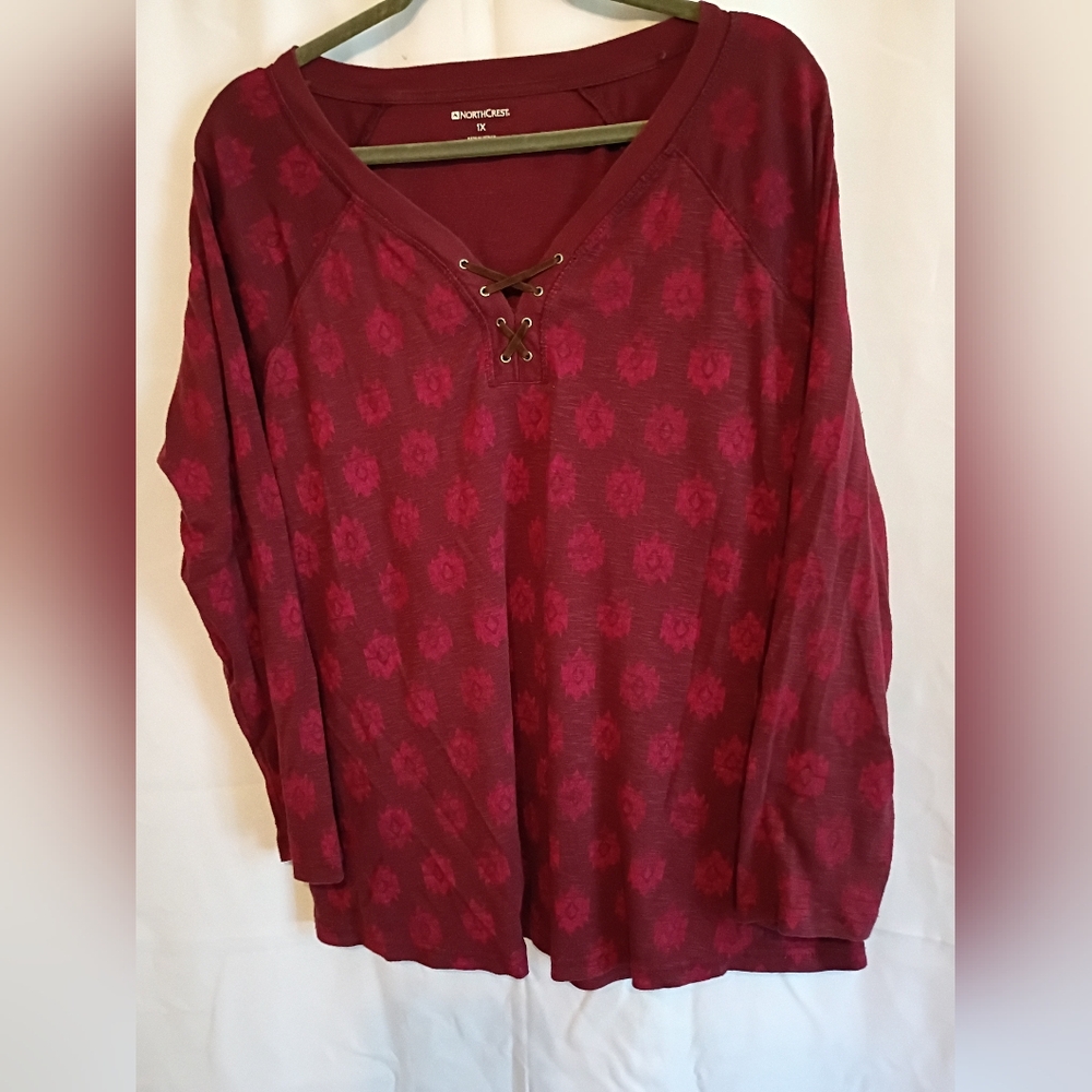 Northcrest Burgundy Size 1x 3/4 Lace-Up Long Sleeve Shirt. - Picture 1 of 8